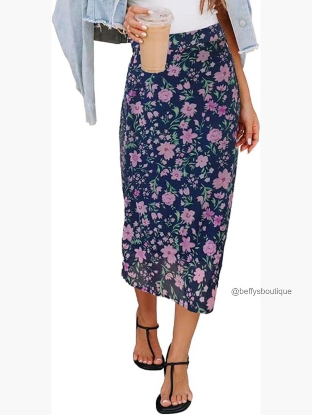Floral Print Chiffon Midi Skirt Elastic Back Zipper Size L